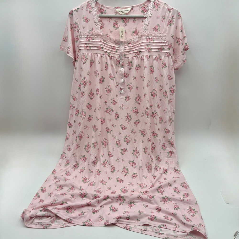 Laura Ashley Pink Floral Print Lace Trim Knit Nightgown Sleepwear L